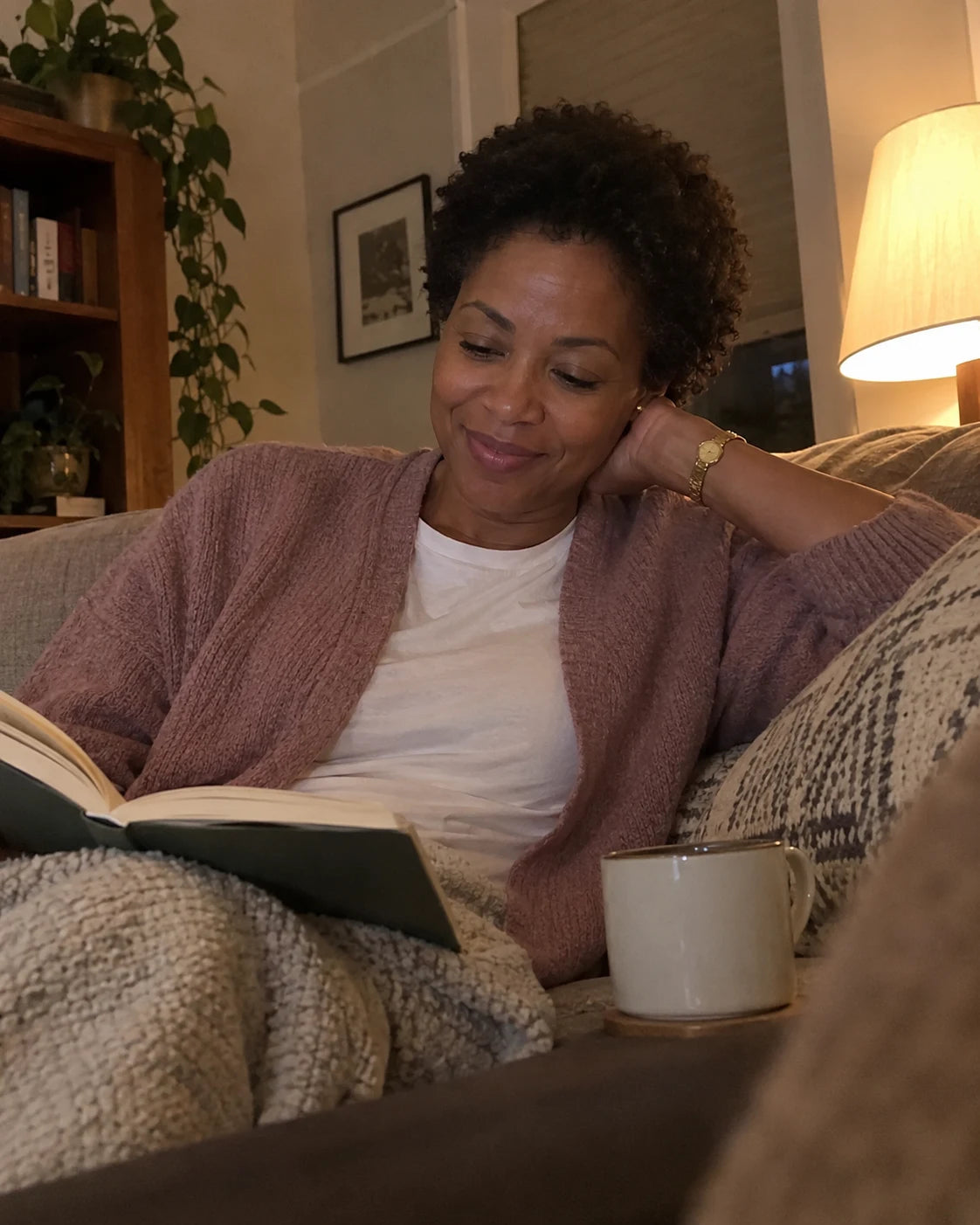 Woman relaxed on her couch in the evening with tea and a book, no wine