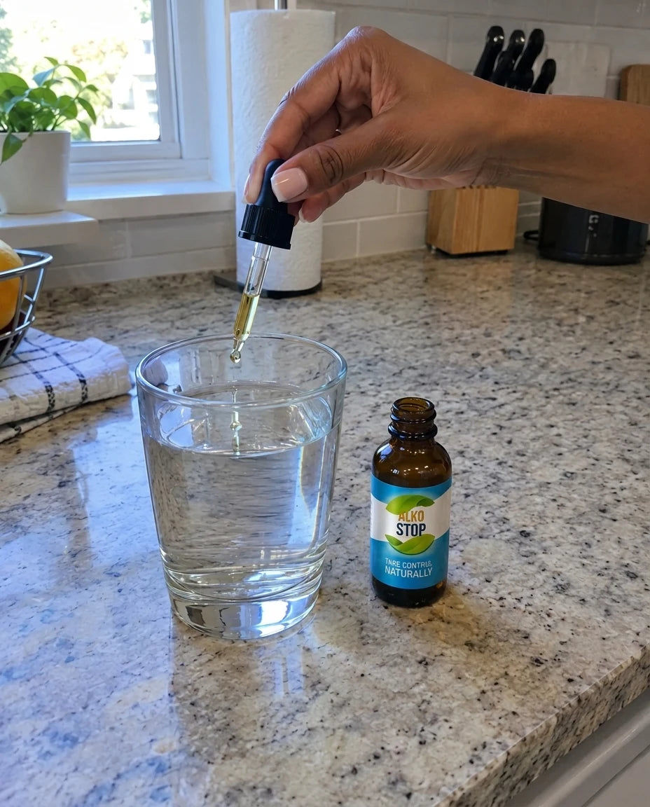 Hand holding an AlkoStop dropper with a drop falling into a glass of water, open bottle standing beside it on a kitchen counter