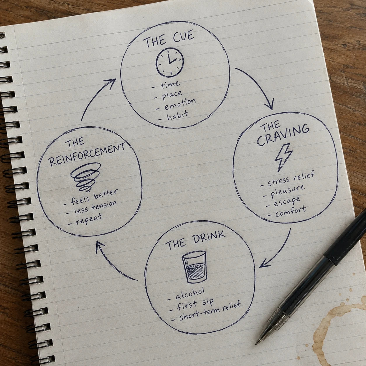 Hand-drawn journal diagram of the craving loop: the cue, the craving, the drink, the reinforcement