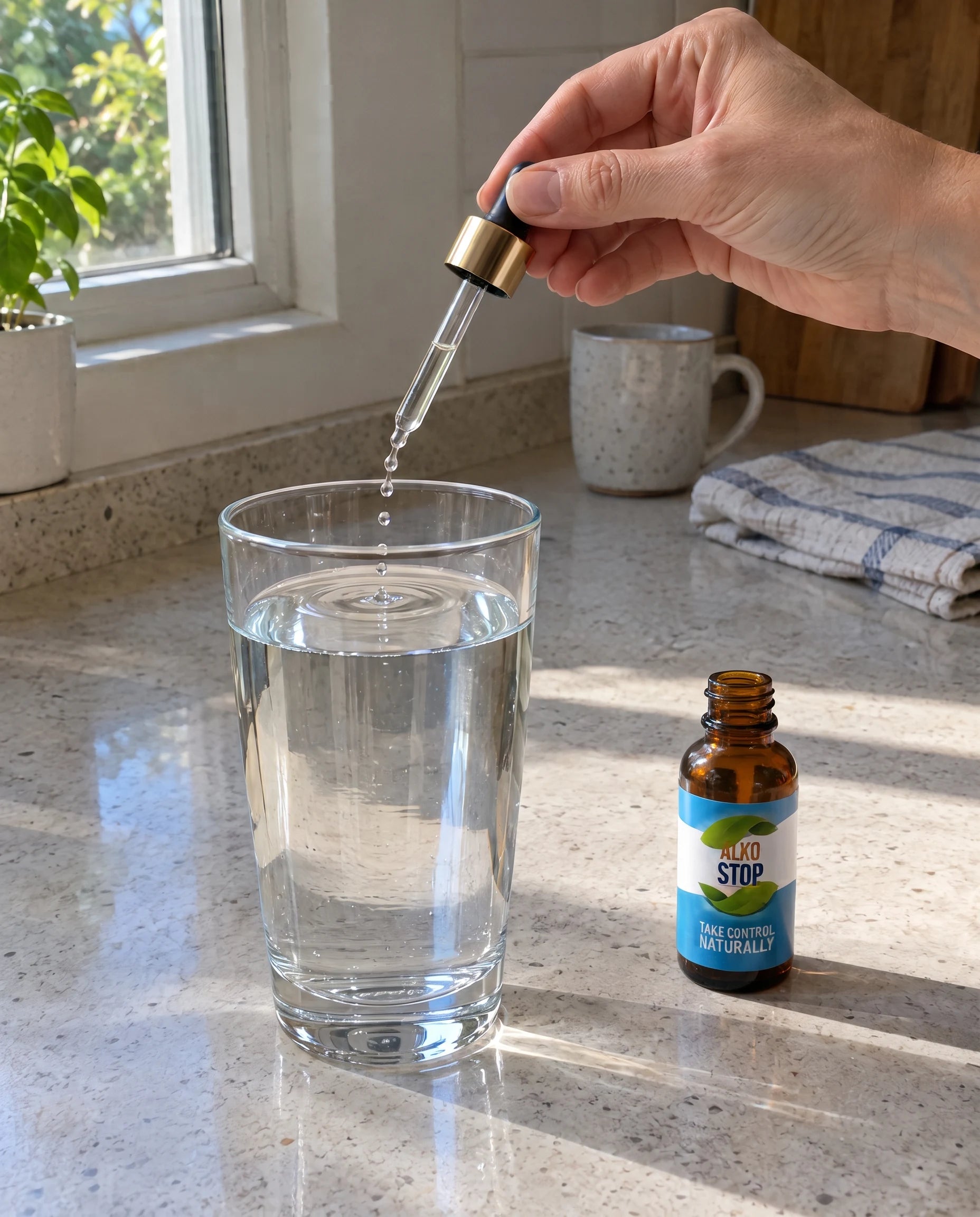 AlkoStop dropper bottle open on a sunlit kitchen counter, a drop falling into a glass of water