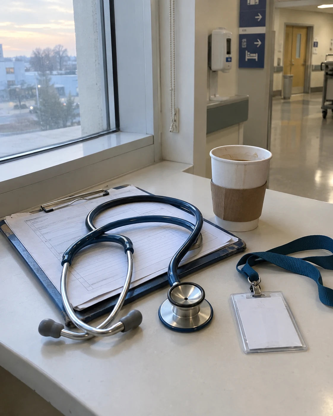 A stethoscope and hospital ID badge resting on a windowsill in a hospital break room at the end of a shift