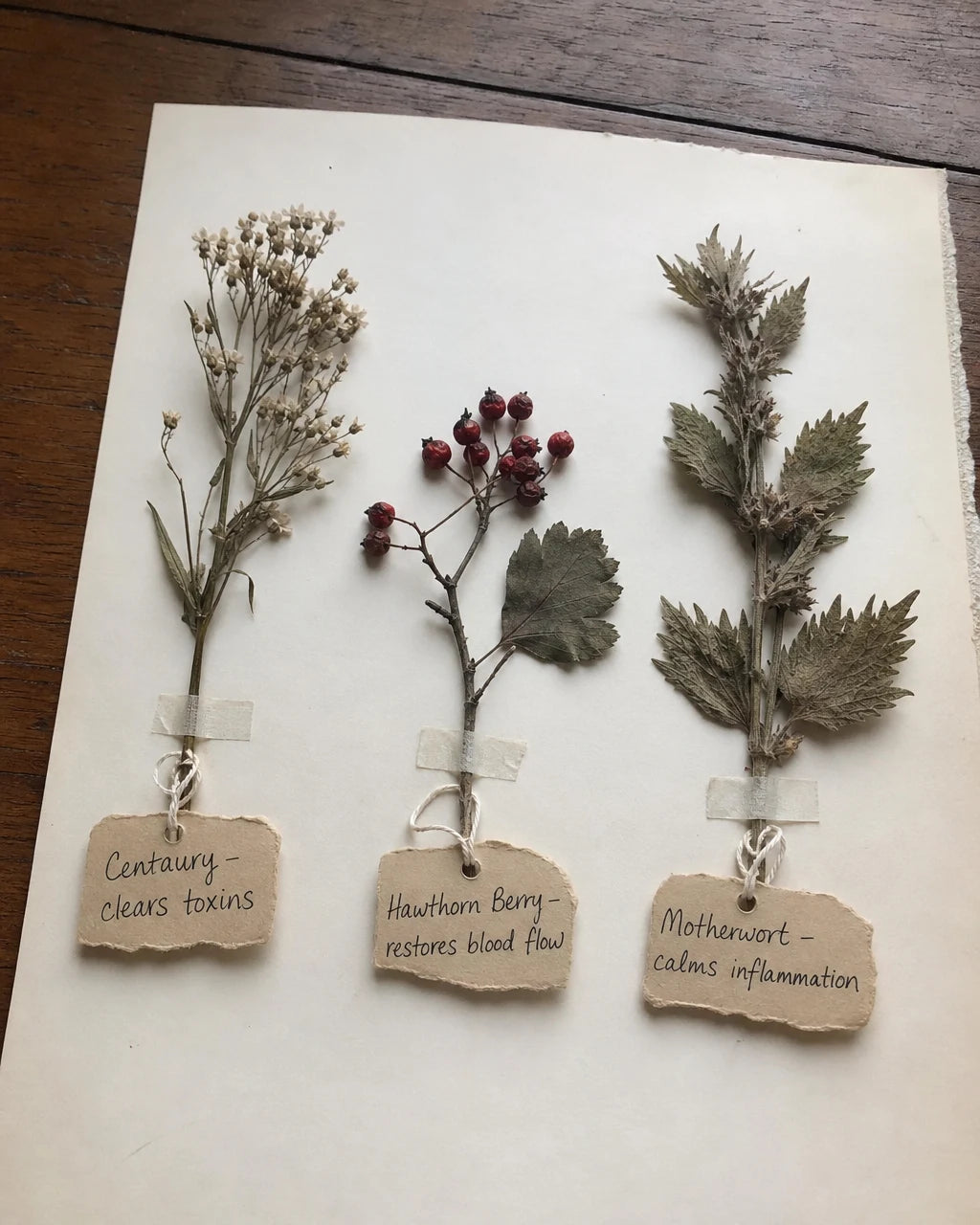 Dried Centaury, Hawthorn Berry, and Motherwort herbarium specimens with handwritten labels