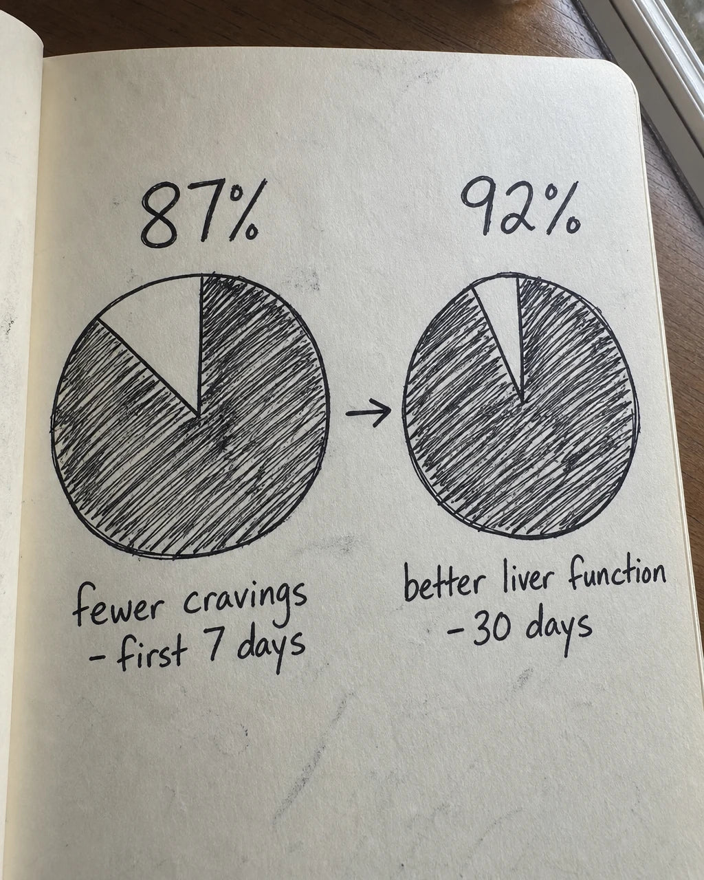 Handwritten journal page showing 87% fewer cravings and 92% better liver function study results
