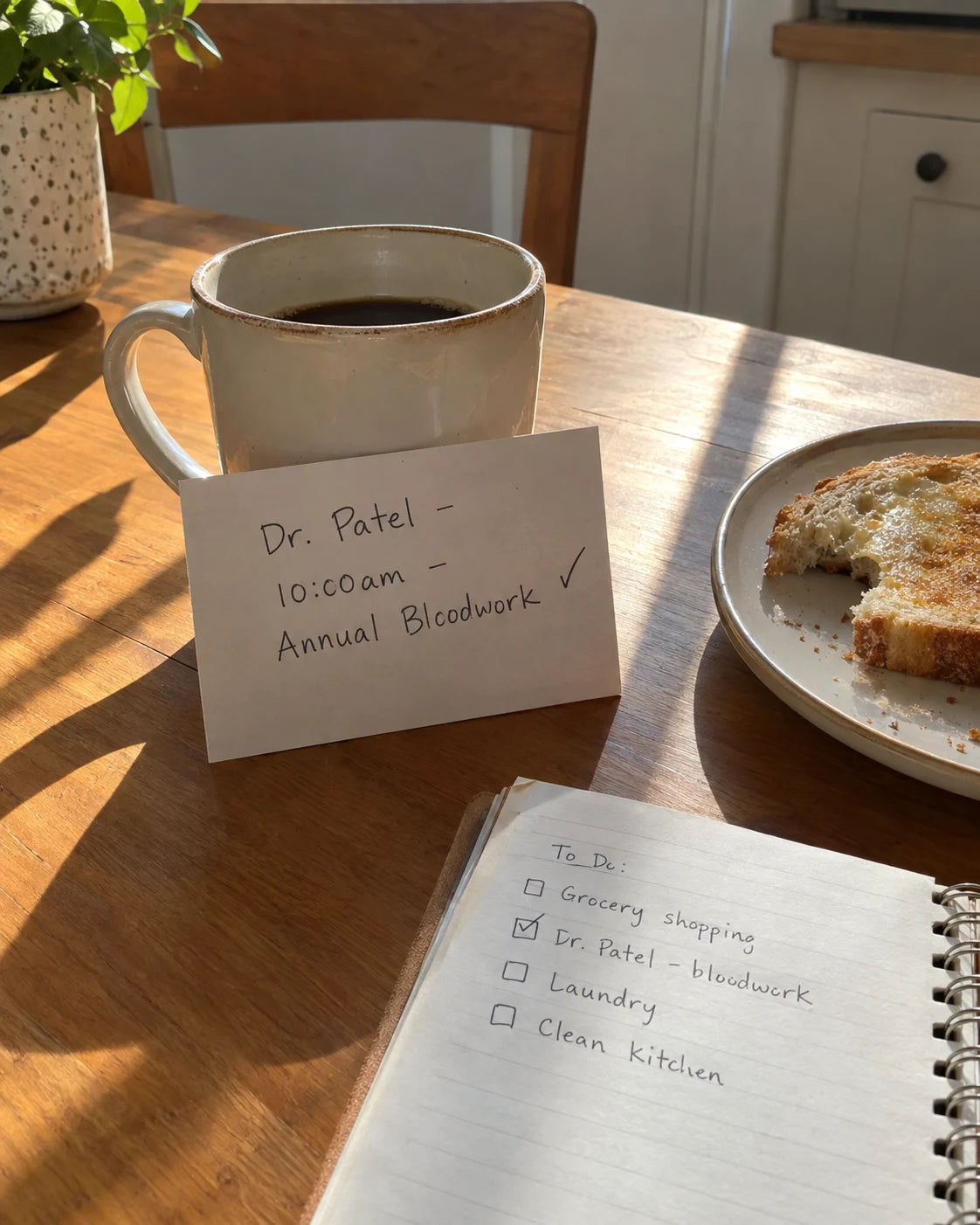A doctor's appointment reminder card for bloodwork propped against a coffee cup, with a checked-off to-do list