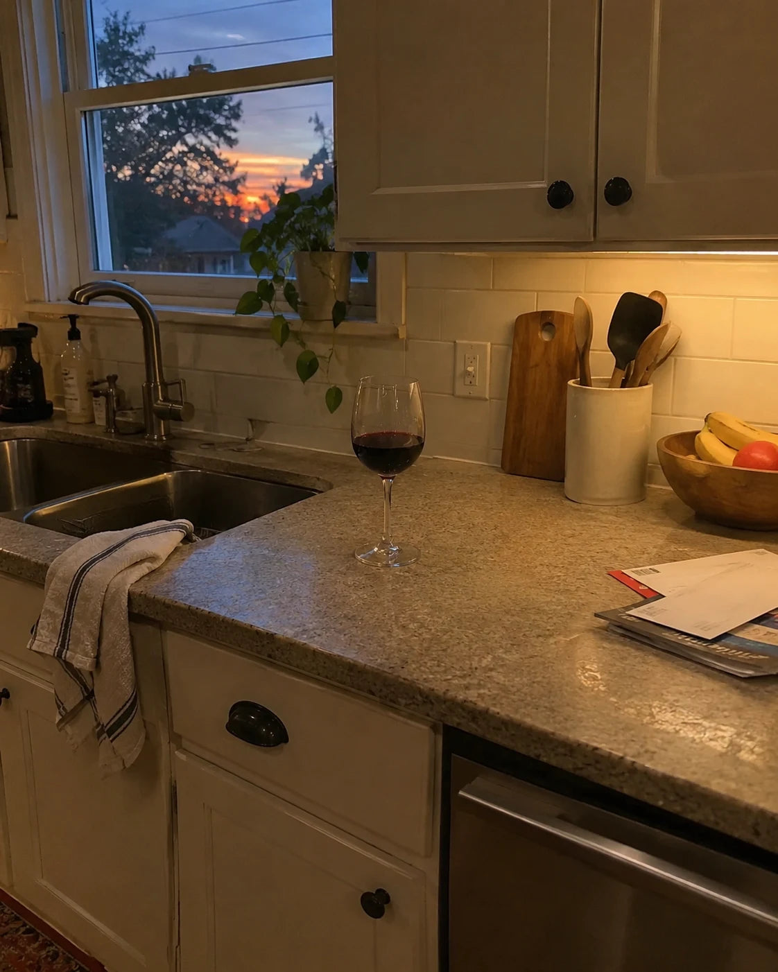 A glass of wine left on a kitchen counter at dusk