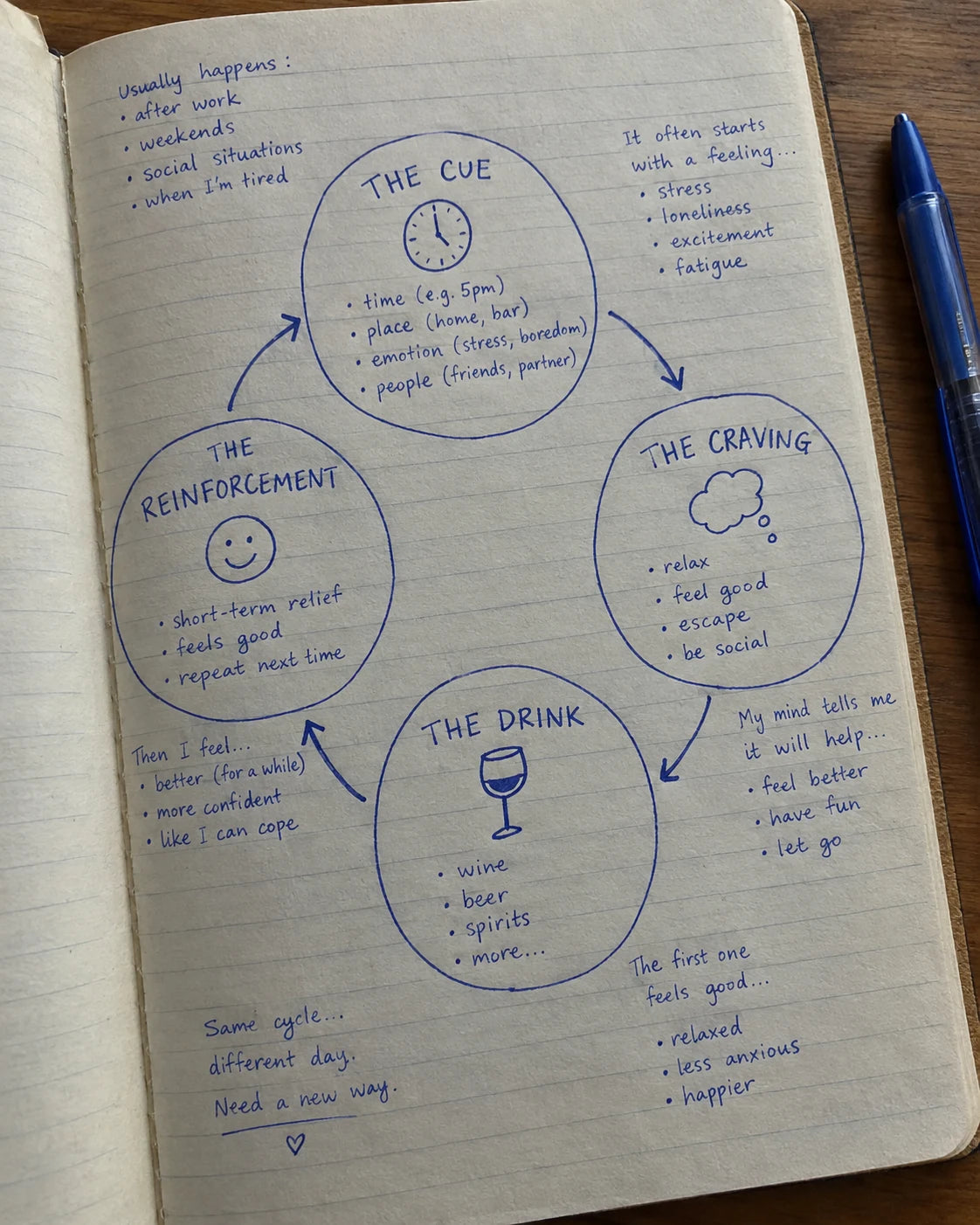 Handwritten journal diagram of the craving loop: cue, craving, drink, reinforcement