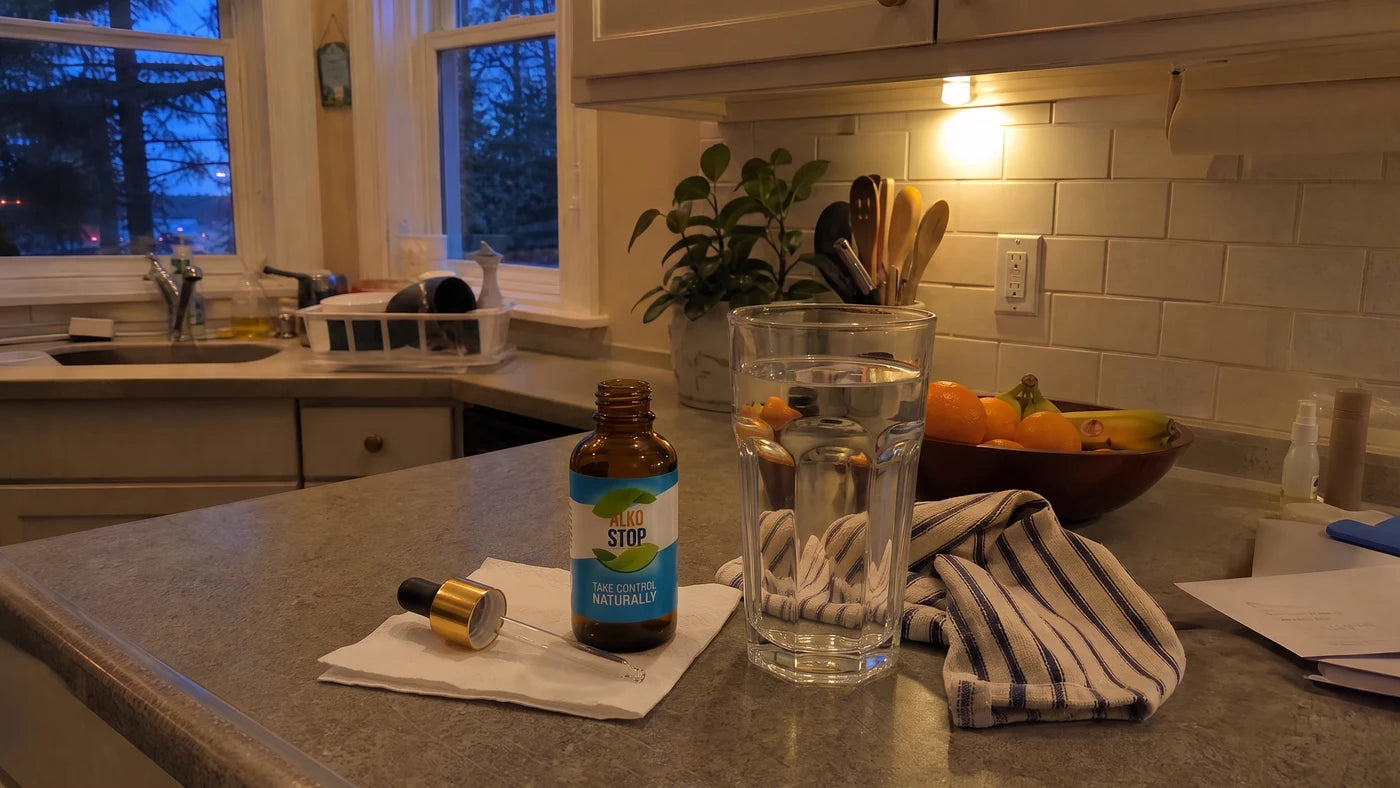 AlkoStop dropper held over a glass of water on an evening kitchen counter