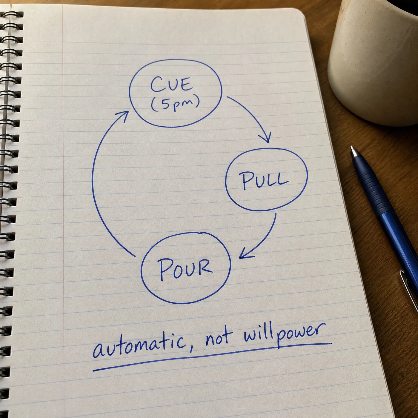 Handwritten notebook diagram showing the pull loop: cue at 5pm, pull, pour, labeled automatic not willpower