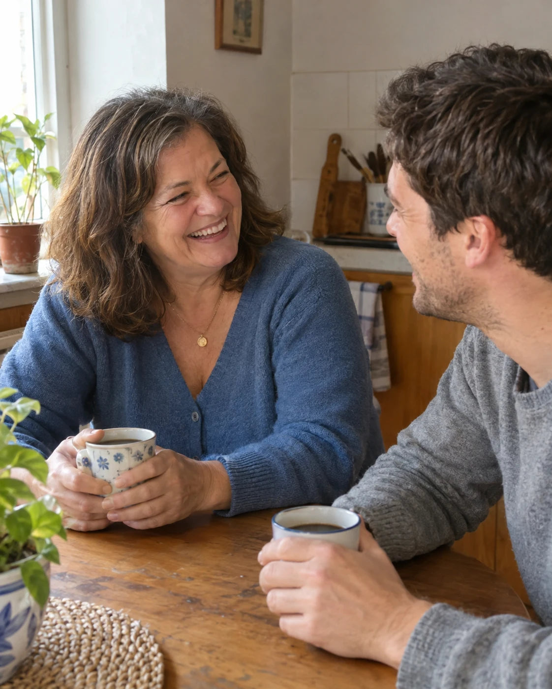 Mother and adult son laughing together over coffee at the kitchen table