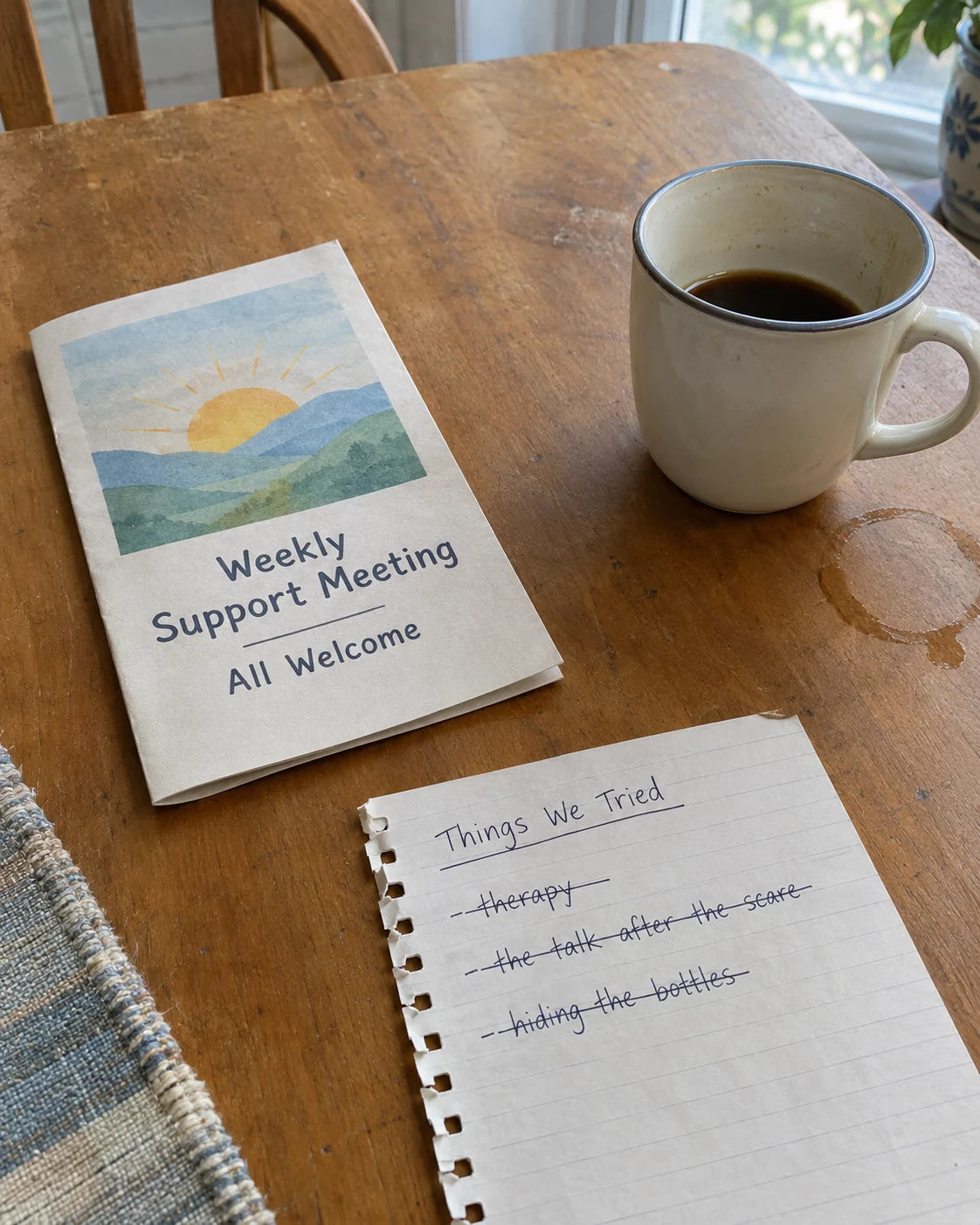 Support group flyer and a handwritten list of things tried