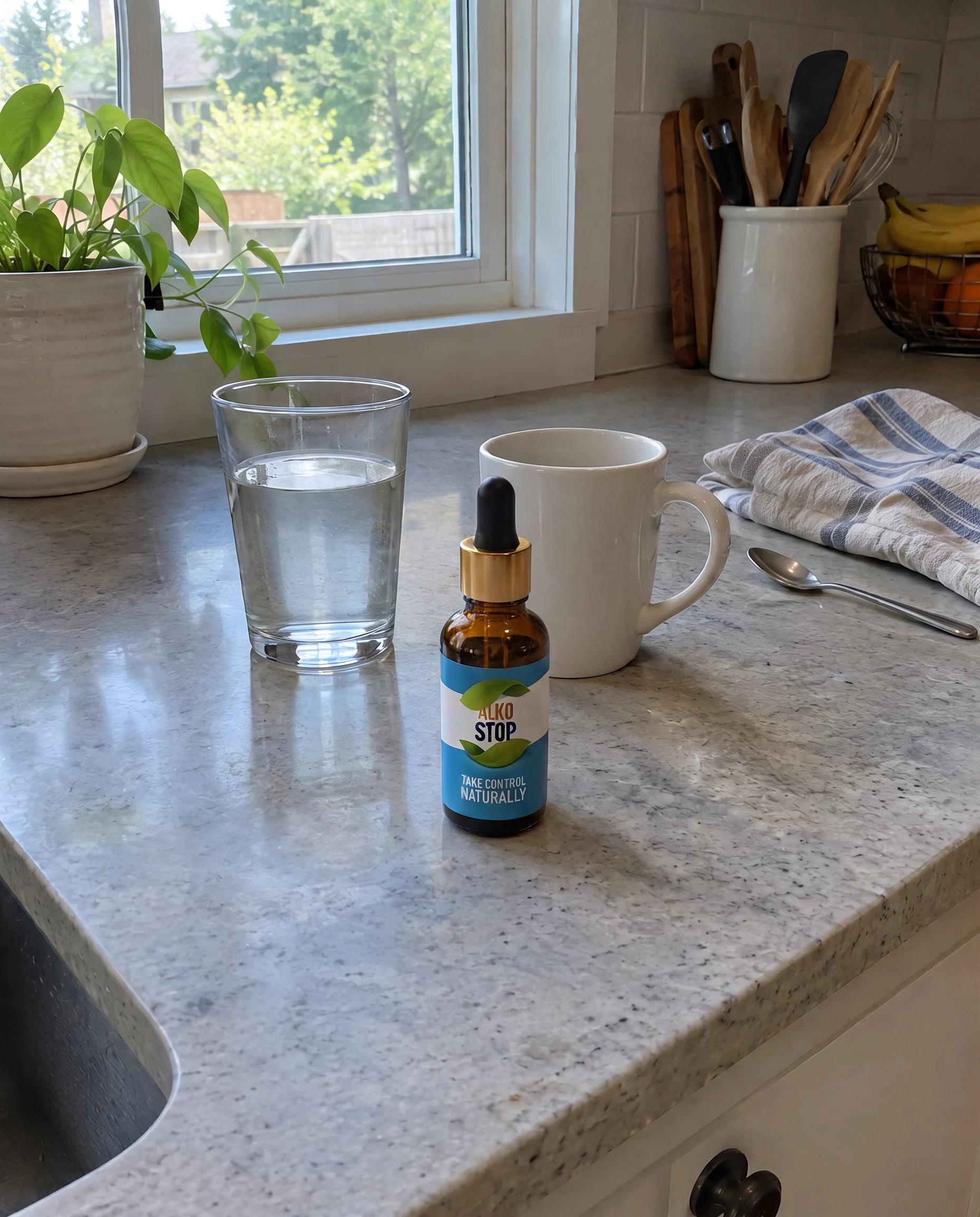 AlkoStop dropper bottle next to a glass of water on a kitchen counter