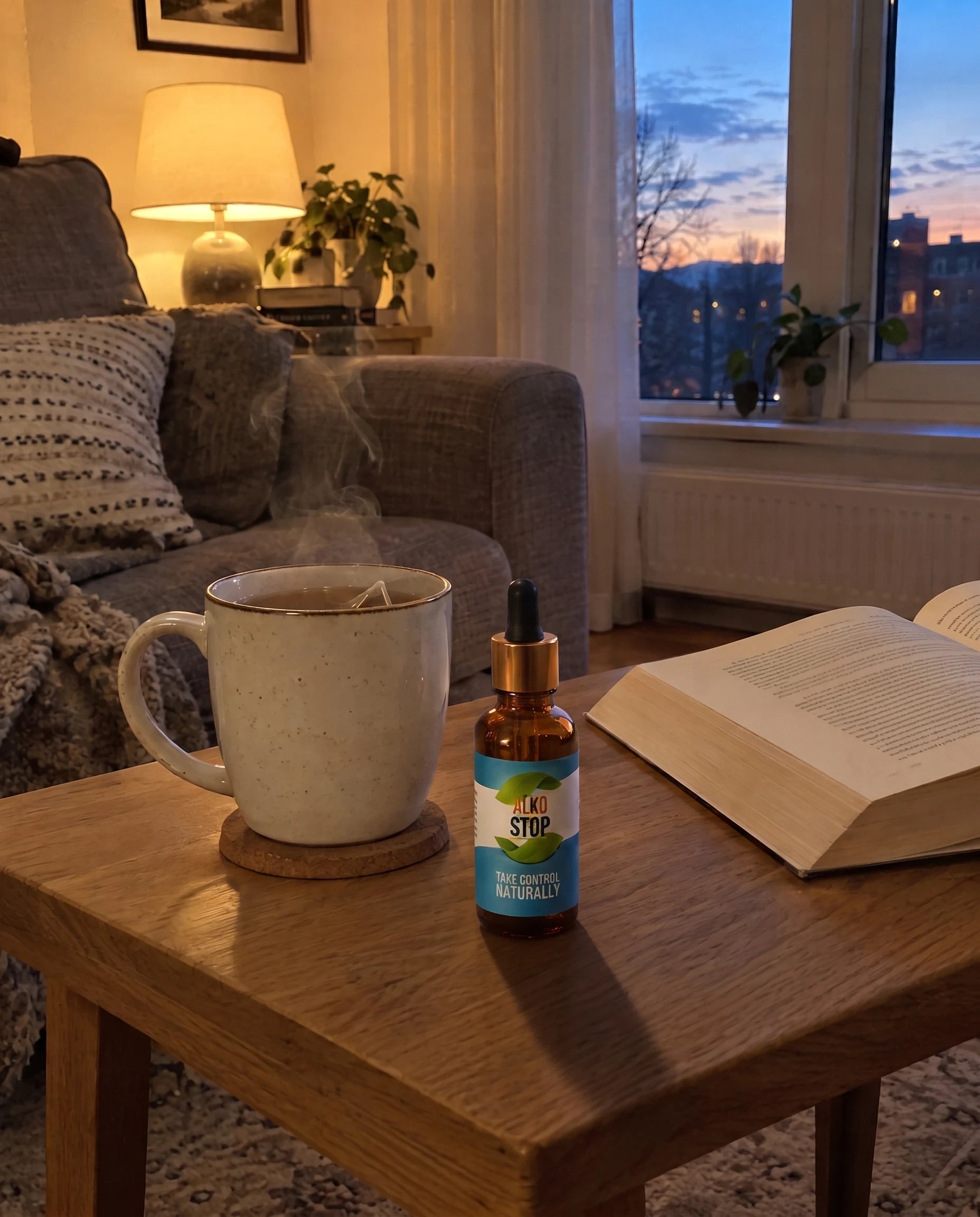 AlkoStop dropper bottle on a side table in a cozy living room at dusk