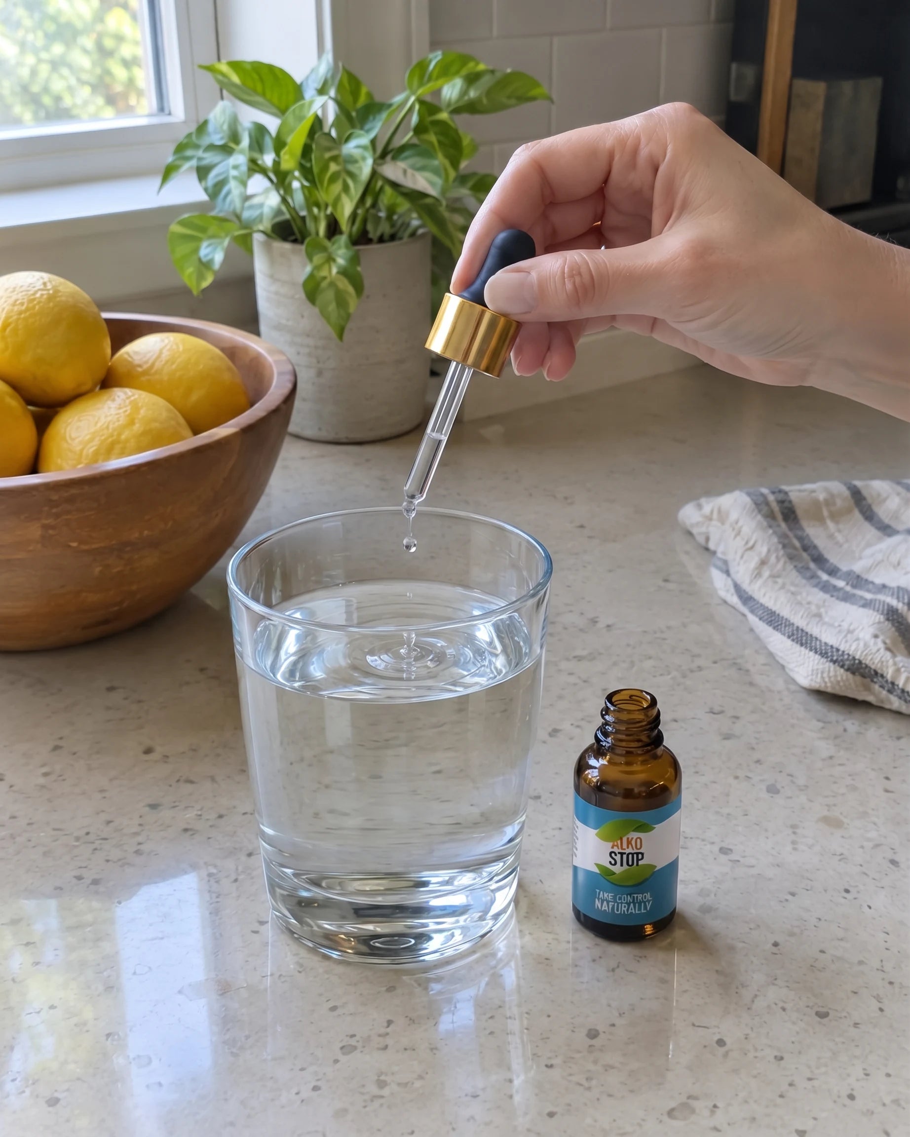 AlkoStop dropper bottle with drops going into a glass of water