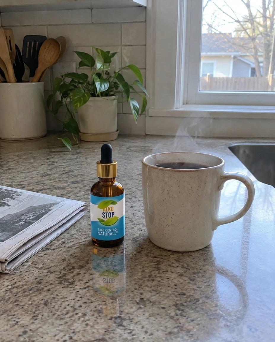 AlkoStop dropper bottle next to a morning coffee