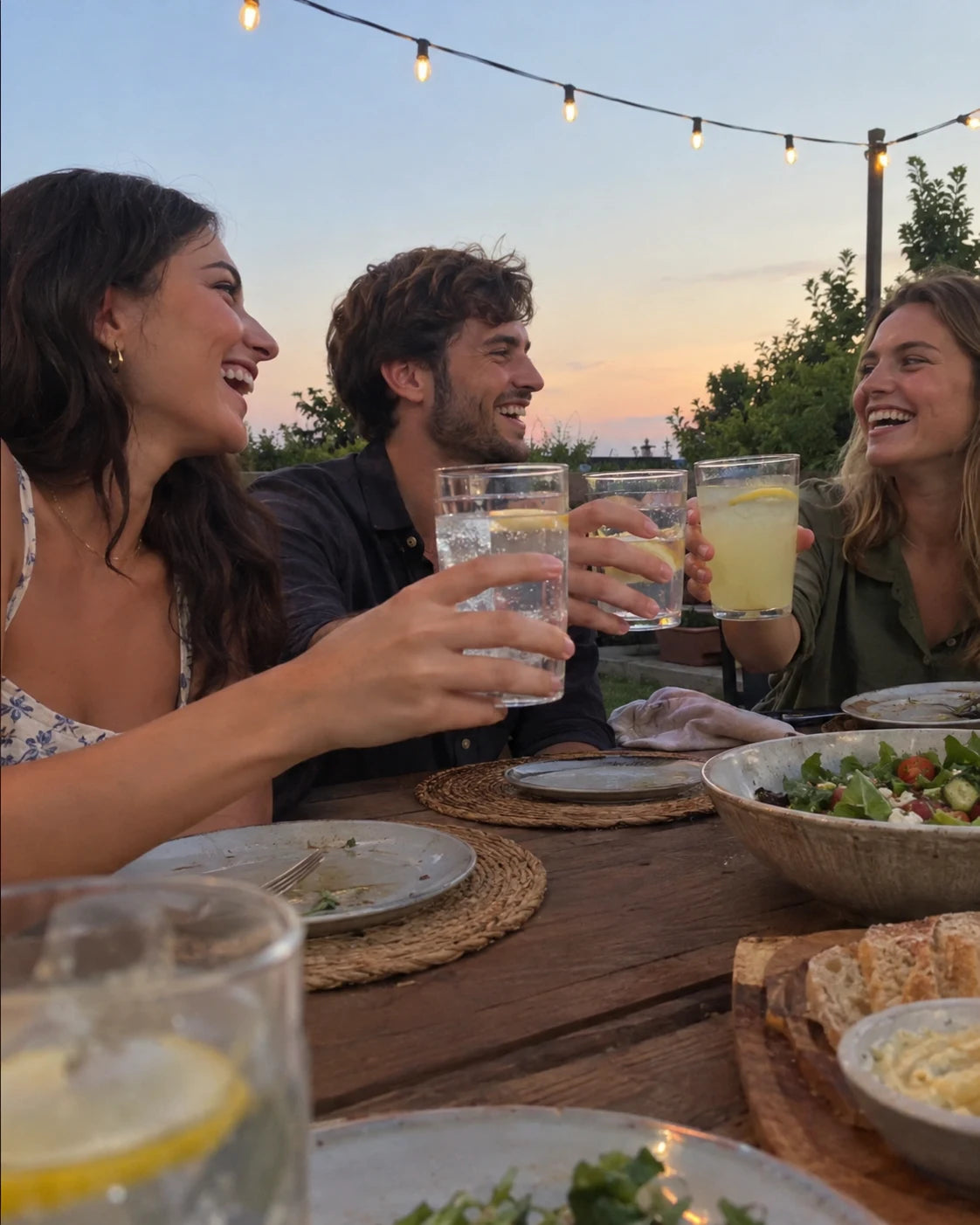 Friends laughing and raising glasses in a toast at an outdoor dinner table at dusk, no wine in sight