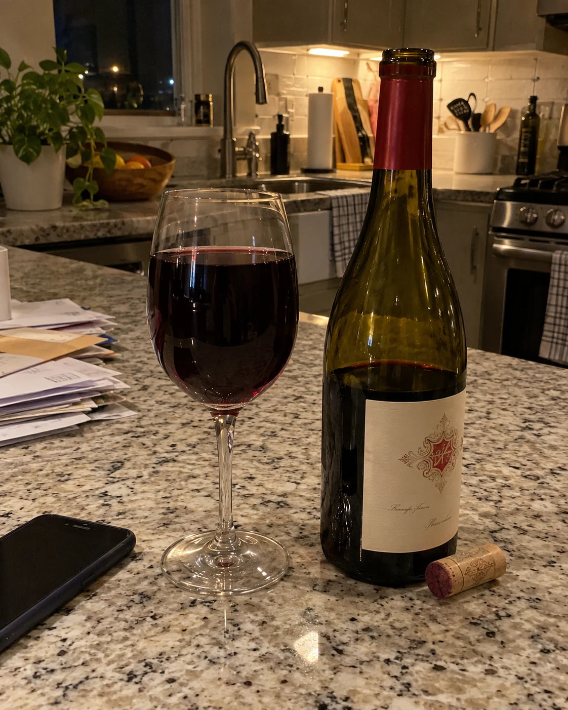 Wine glass filled nearly to the brim next to a wine bottle that is more than half empty on a kitchen counter at night