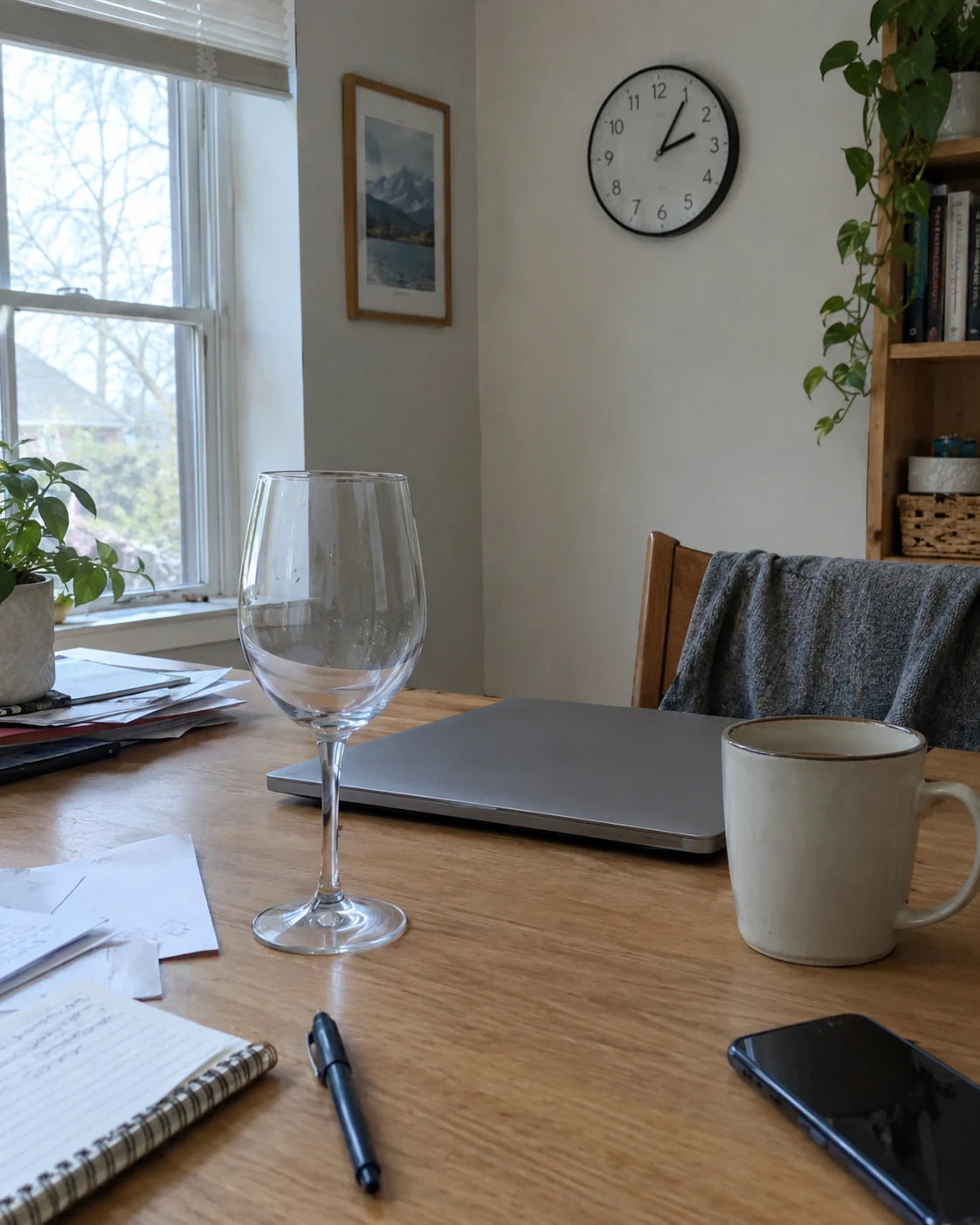 Home desk in early afternoon with a wall clock reading past 2pm and an empty wine glass next to a laptop and coffee mug