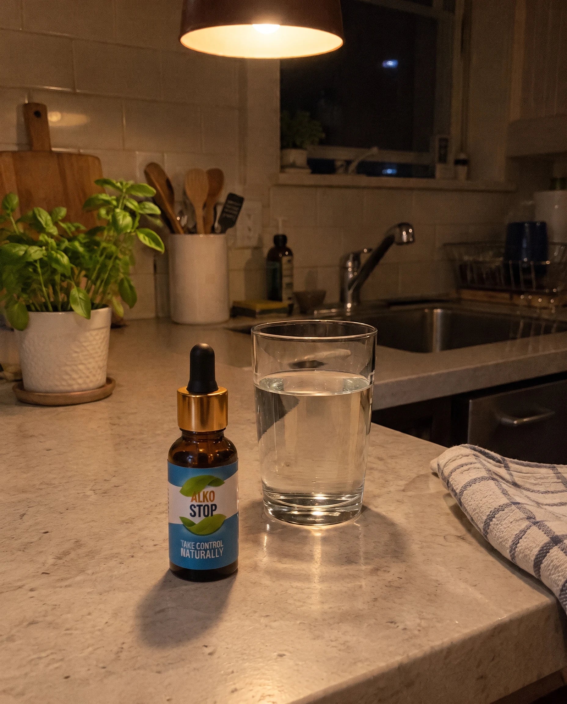 AlkoStop bottle on a kitchen counter at night next to a glass of water, under a warm pendant light