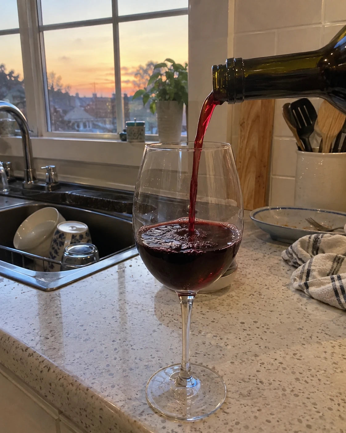 A glass of red wine being poured on a kitchen counter at dusk