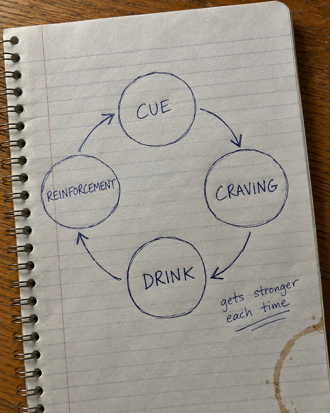 A handwritten notebook diagram of the craving loop: cue, craving, drink, reinforcement