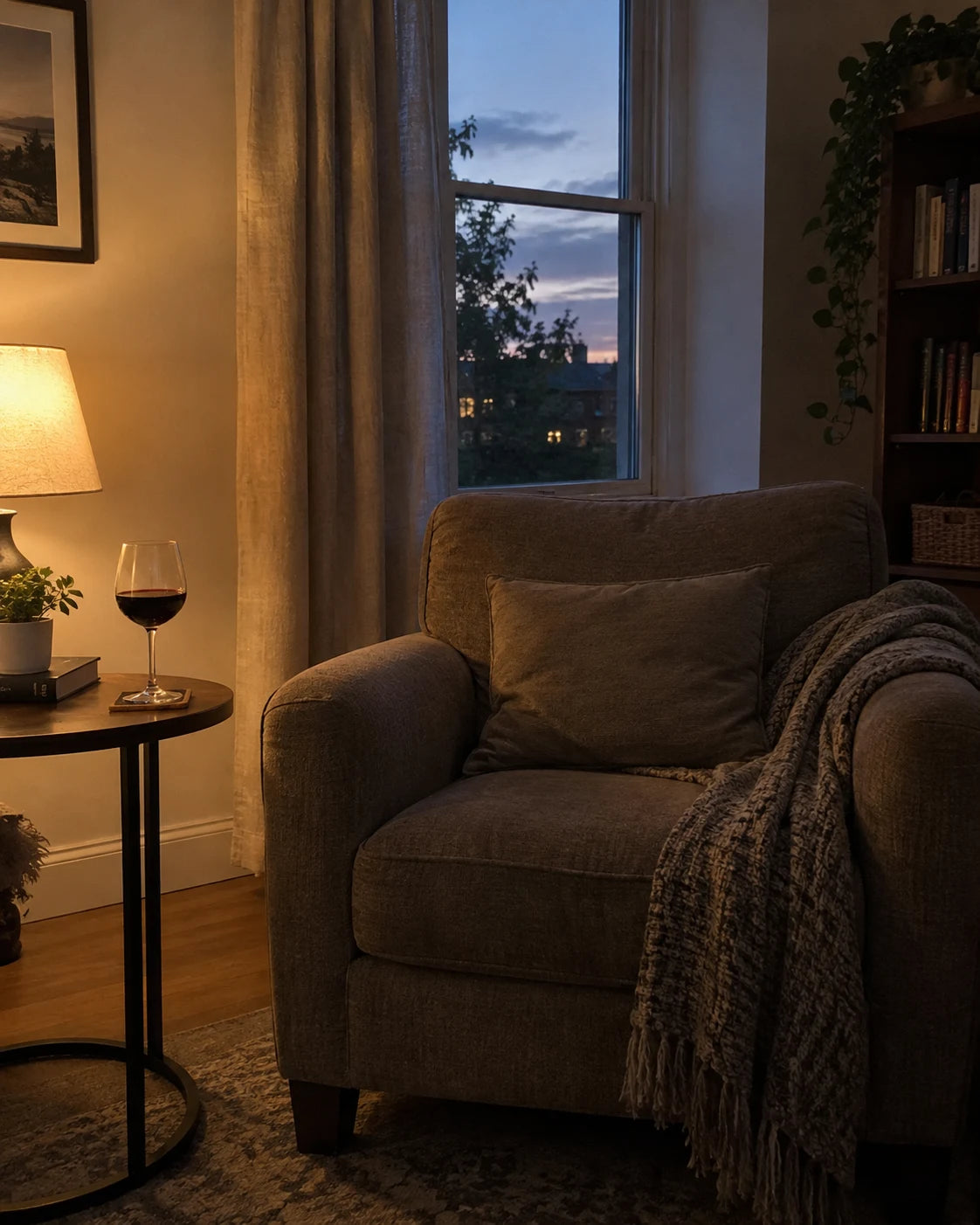 Empty armchair next to a side table with a wine glass, dim evening light