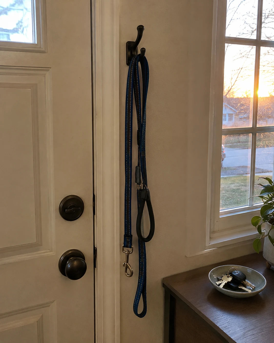 Dog leash hanging by a front door next to house keys, evening light