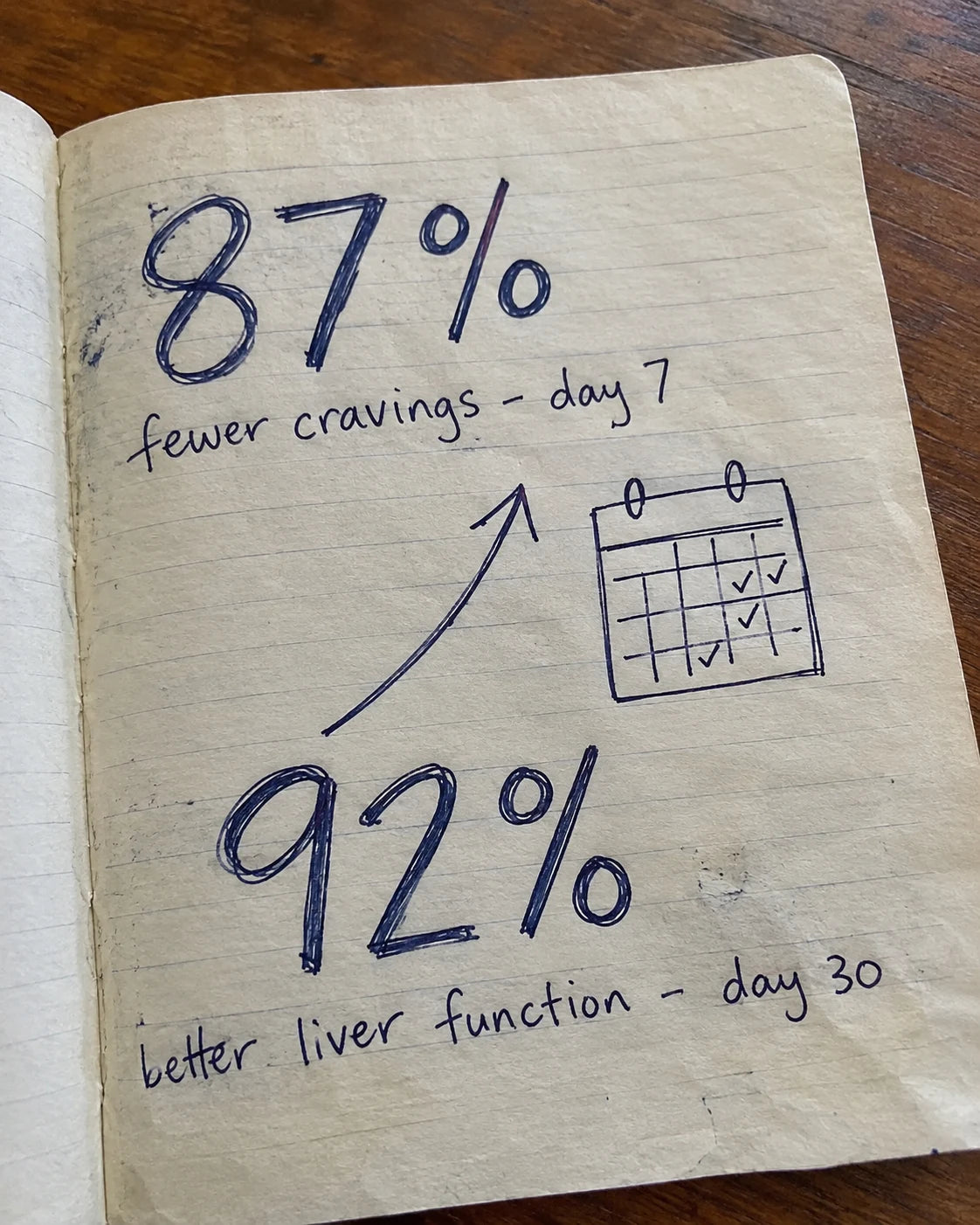Handwritten notebook page showing 87% fewer cravings at day 7 and 92% better liver function at day 30