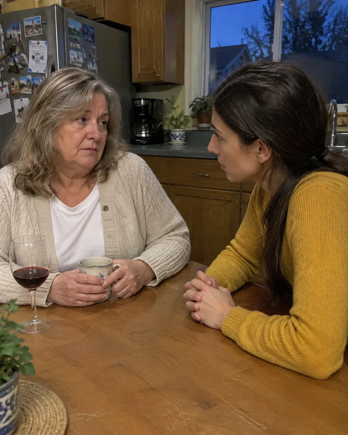 An older woman and her adult daughter sitting at a kitchen table in the evening, mid-conversation, a glass of wine nearby