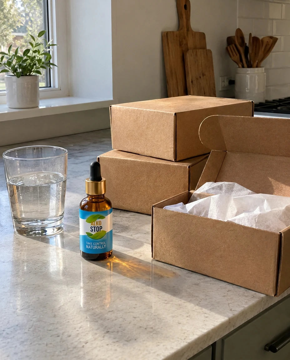 AlkoStop dropper bottle on a kitchen counter next to a glass of water and plain discreet shipping boxes