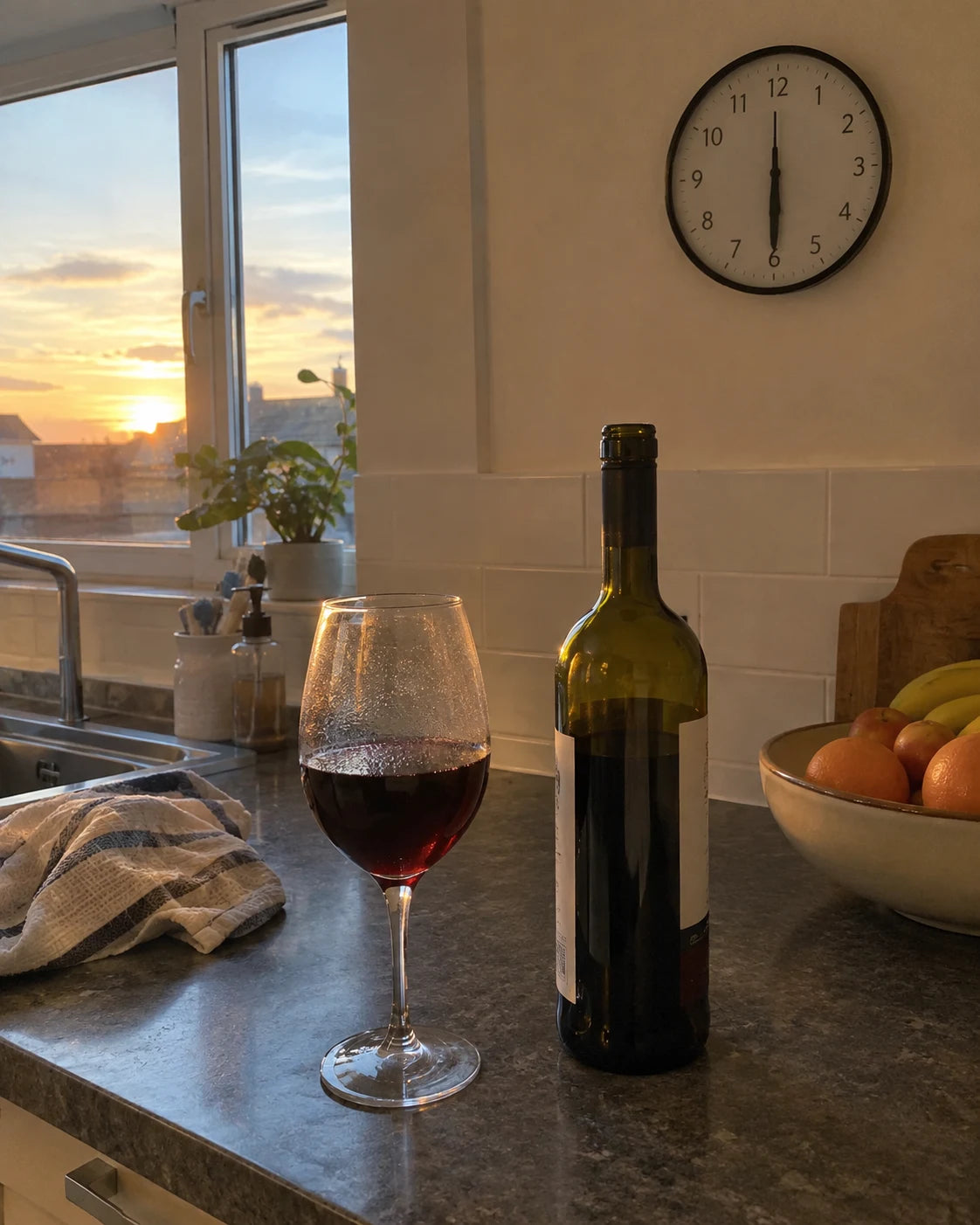 A glass of wine and bottle on a kitchen counter at 6pm