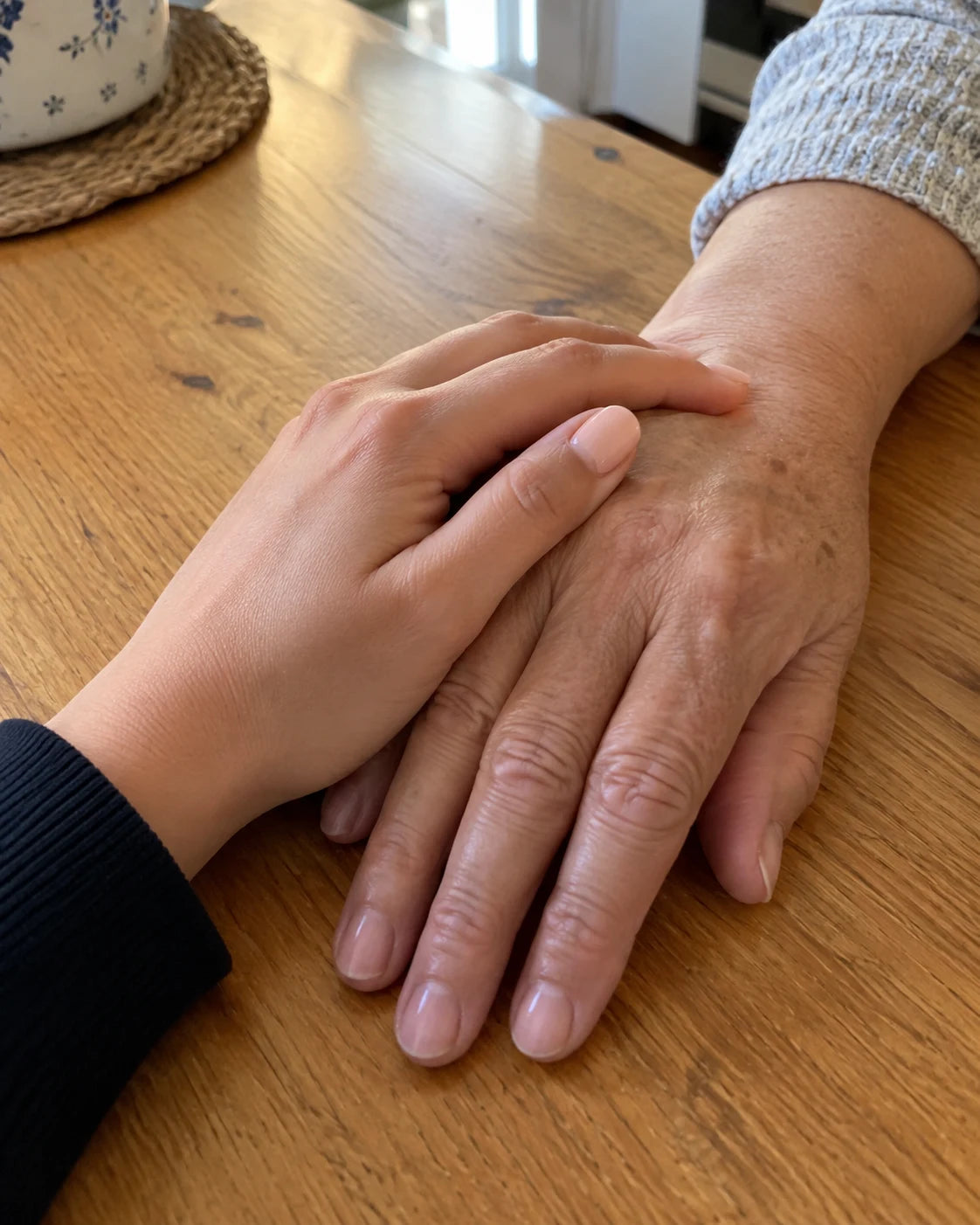 A younger woman's hand resting gently on an older woman's hand at a kitchen table