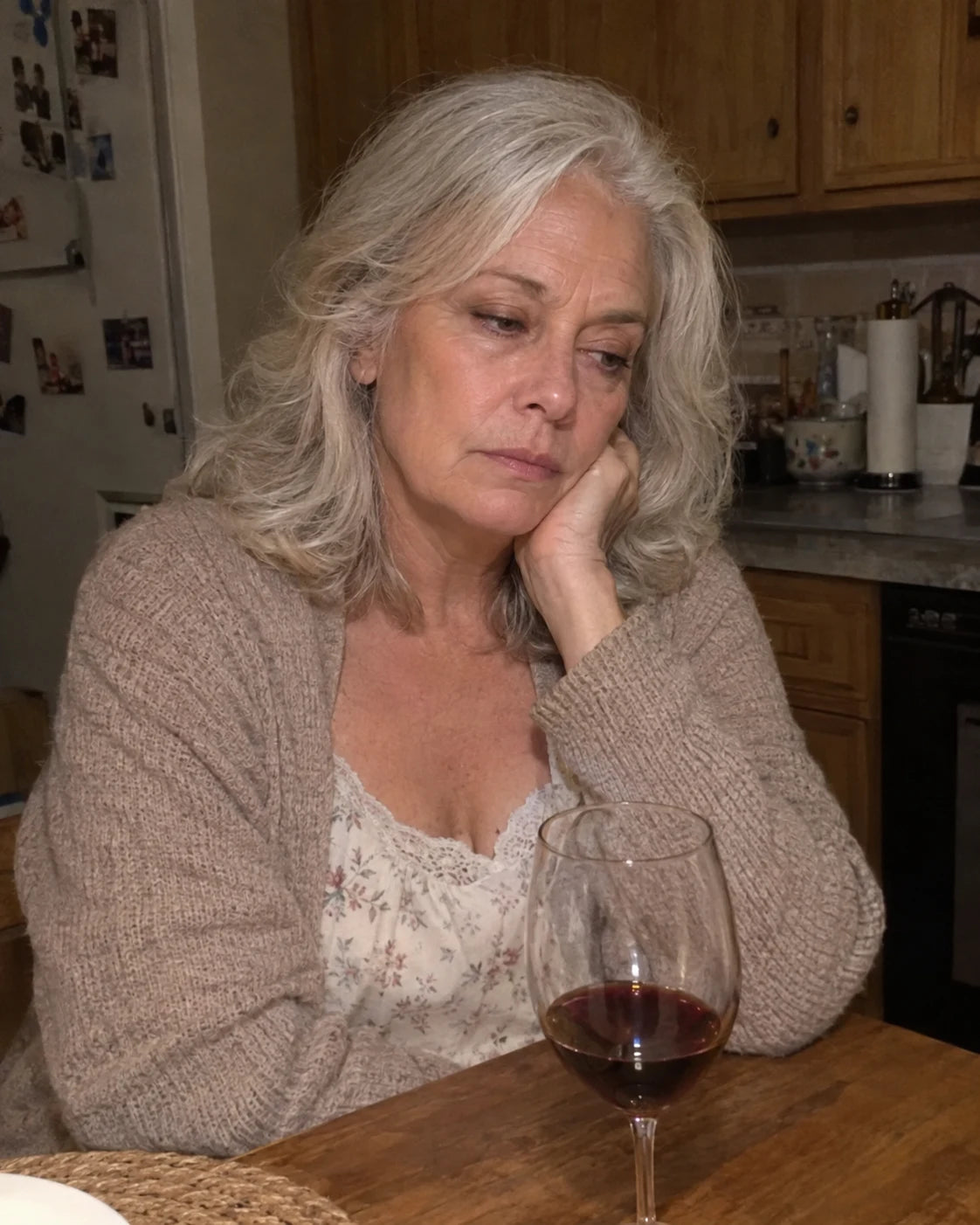 An older woman sitting alone at her kitchen table in the evening with a glass of wine