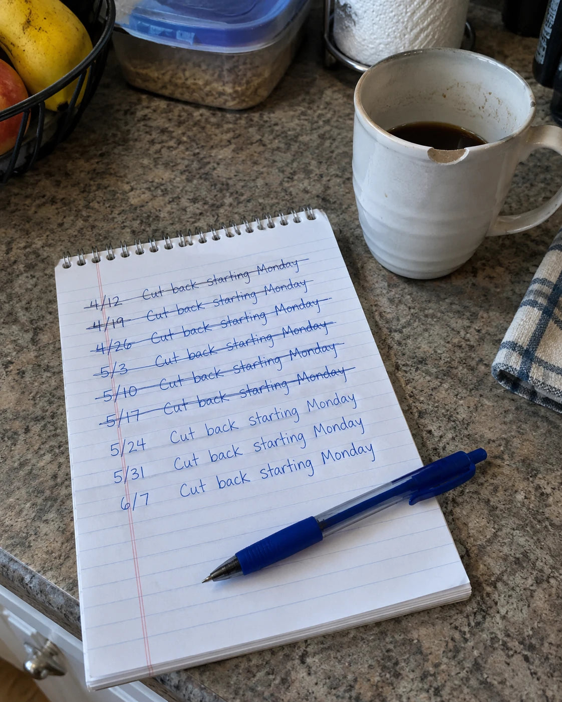 A notepad with repeated crossed-out notes reading cut back starting Monday