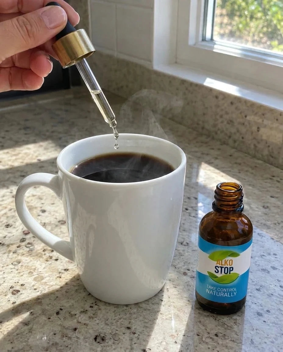 AlkoStop dropper bottle being added to a cup of coffee