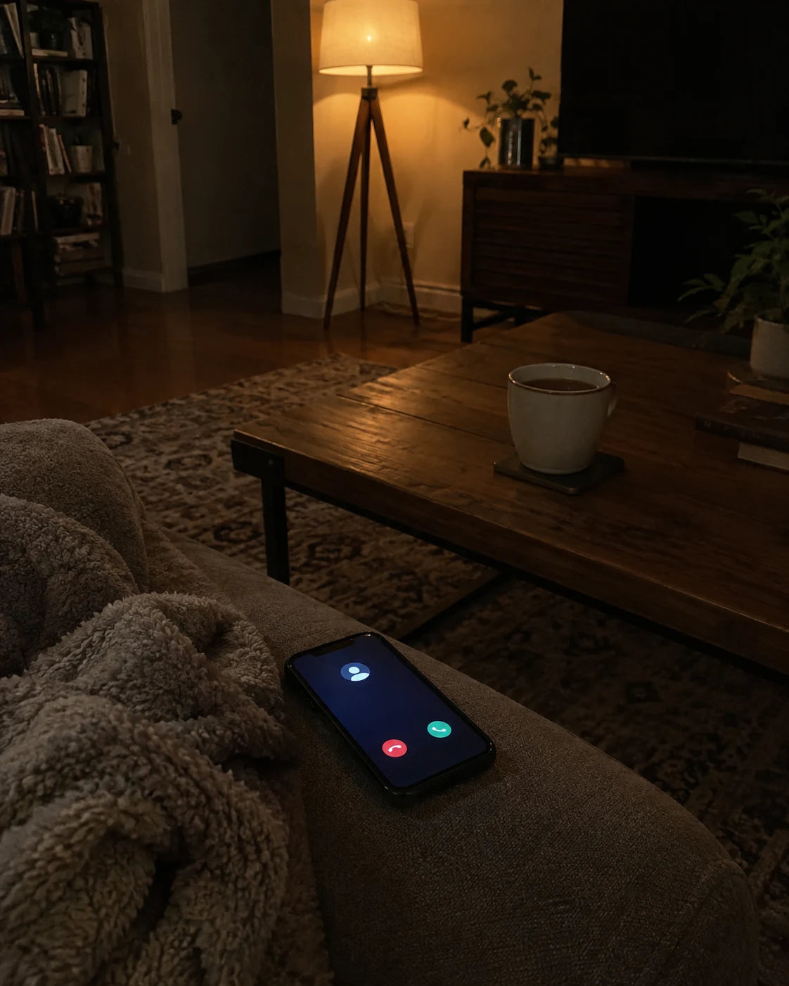 A phone lit up with an incoming call on a couch armrest at night, next to a half-finished cup of tea
