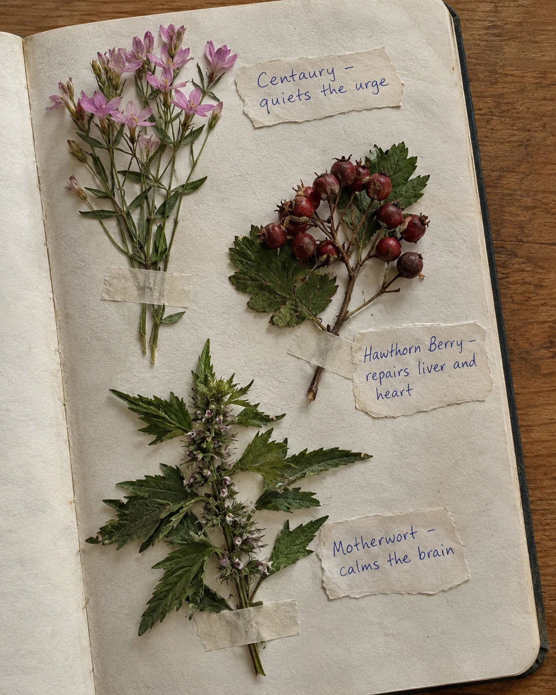 A handwritten journal page showing Centaury, Hawthorn Berry, and Motherwort with labels