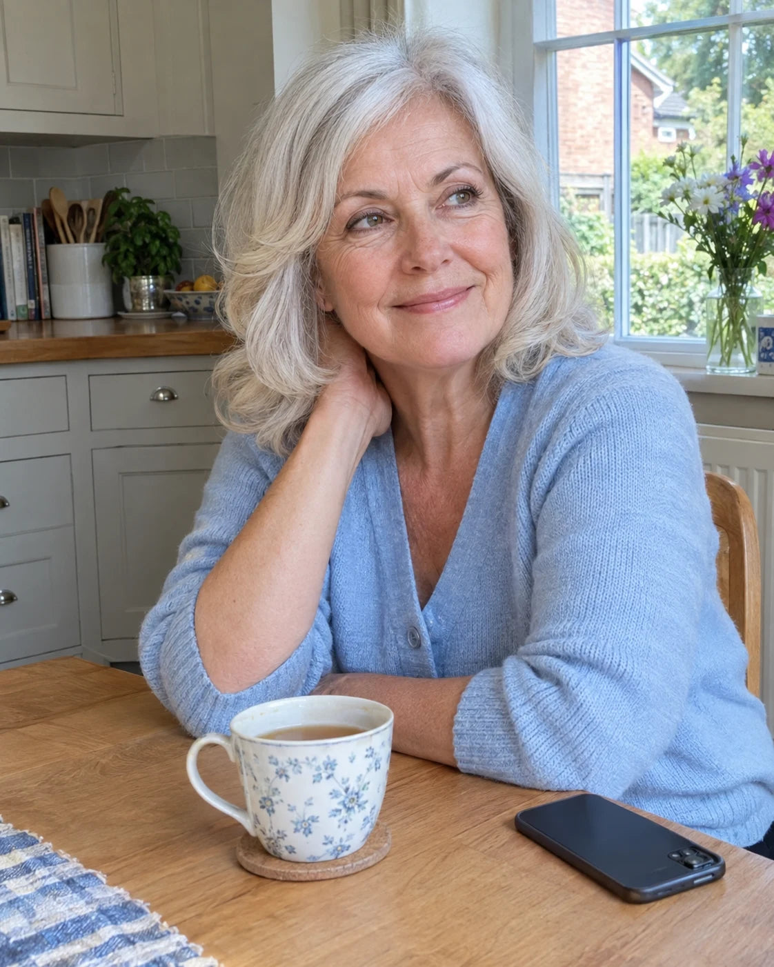 An older woman smiling, sitting at a sunny kitchen table with tea instead of wine