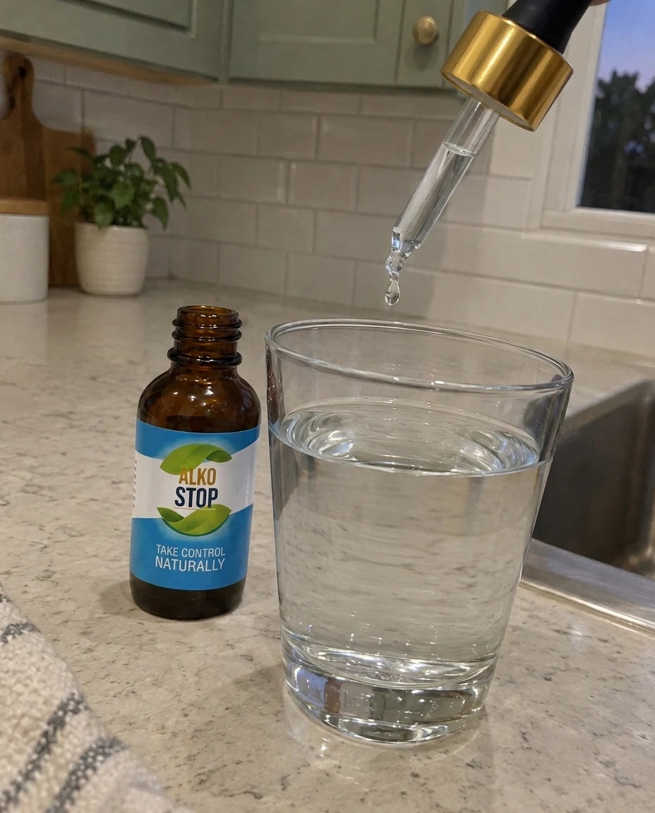 An open bottle of AlkoStop drops on the kitchen counter with the dropper lifted out, a single drop falling into a glass of water