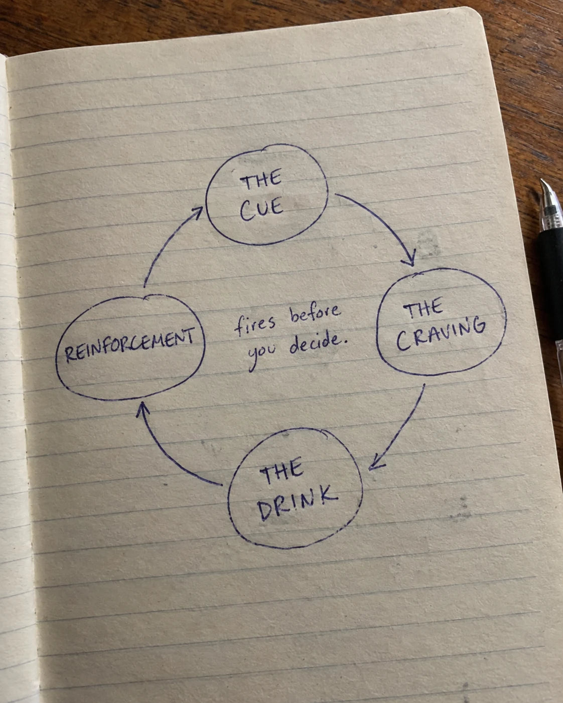Hand-drawn craving loop diagram in a journal