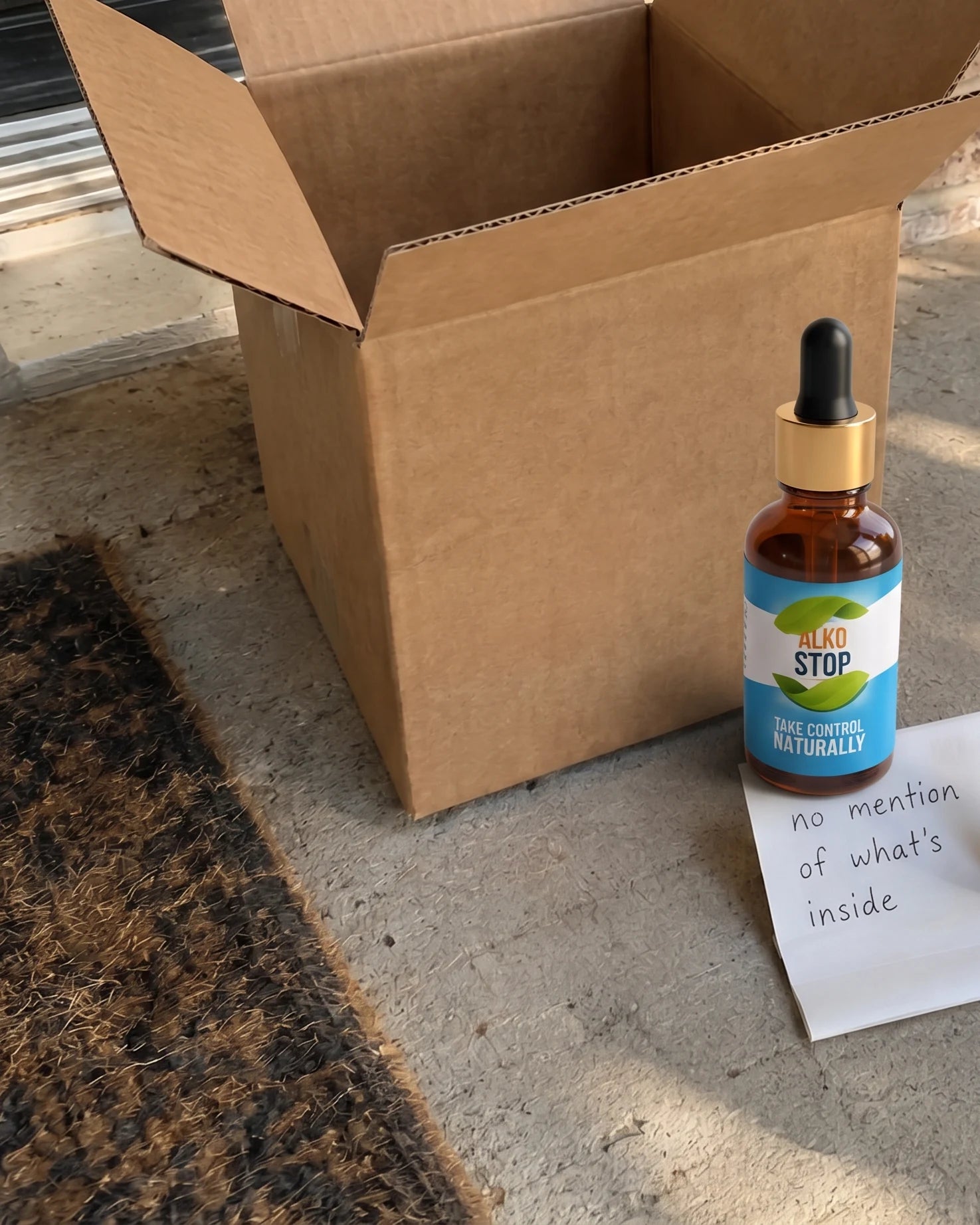 AlkoStop bottle beside a plain unmarked shipping box on a doorstep