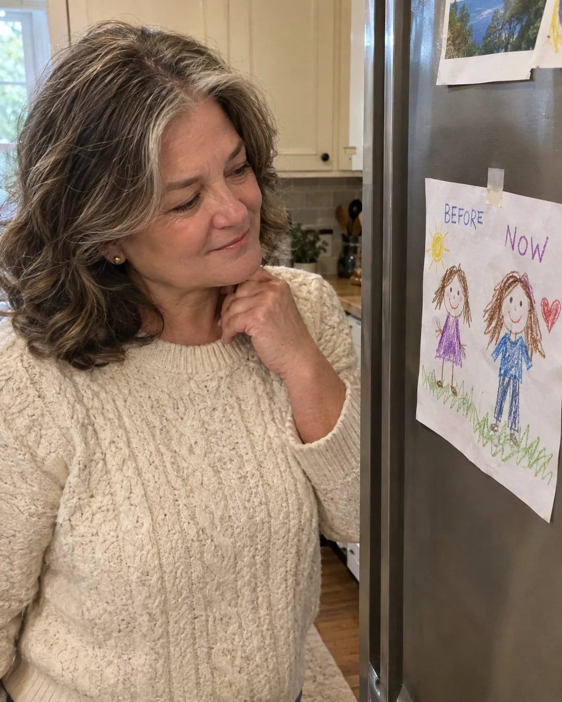 Grandmother looking thoughtfully at a child's before and now crayon drawing taped to the refrigerator