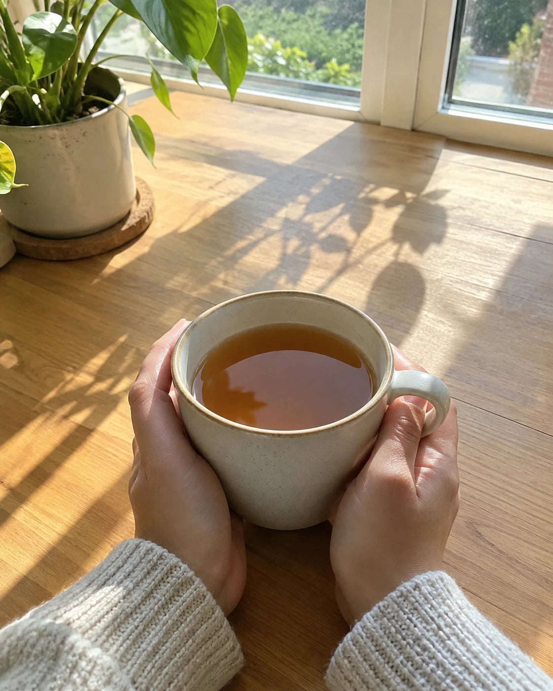 Two hands wrapped around a warm mug of tea at a sunlit kitchen table in the morning