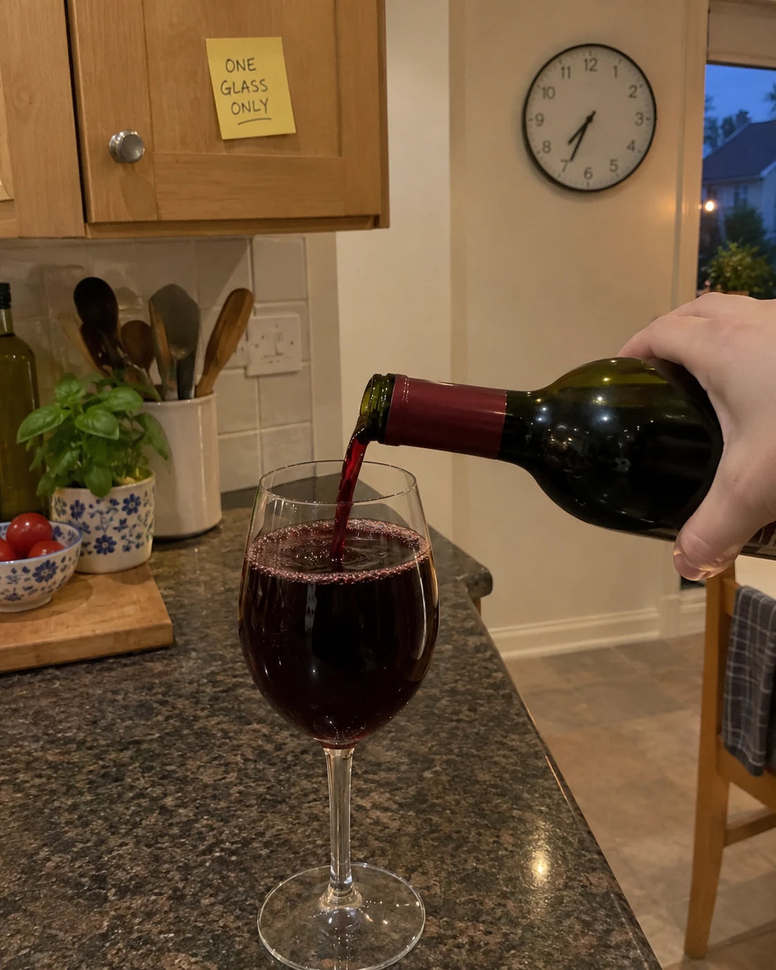 A hand reaching for a wine bottle on a kitchen counter at 7pm, a wall clock behind it