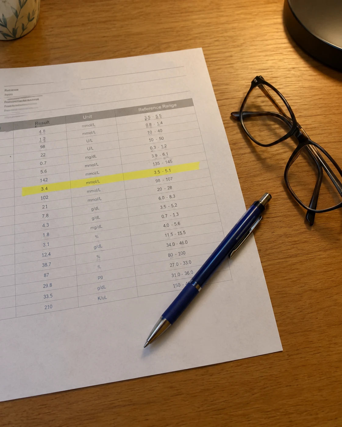 A printed lab results sheet with one row highlighted, reading glasses and a pen resting beside it