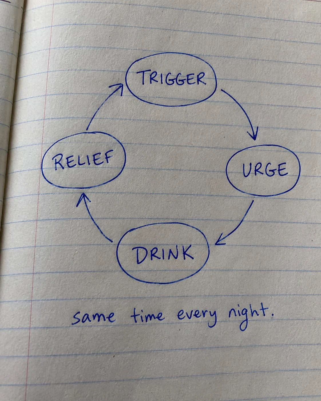 Handwritten journal diagram of the trigger, urge, drink, relief craving loop