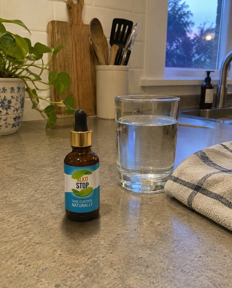 AlkoStop bottle on a kitchen counter