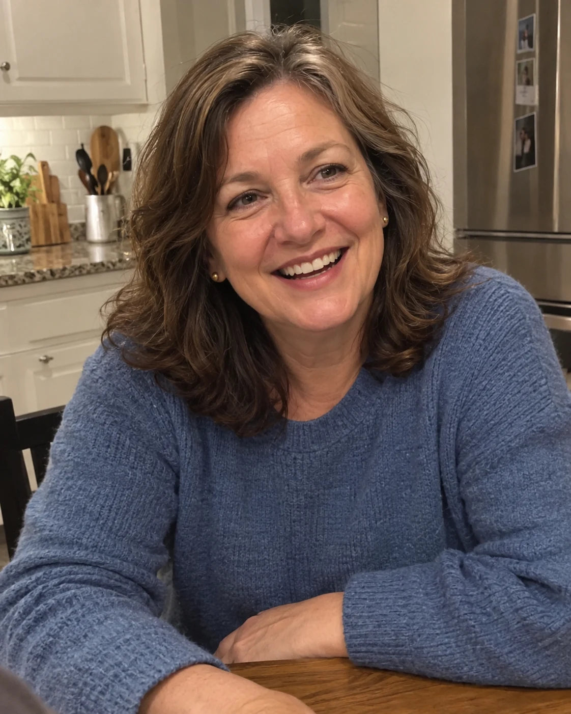 Woman smiling and present at the dinner table