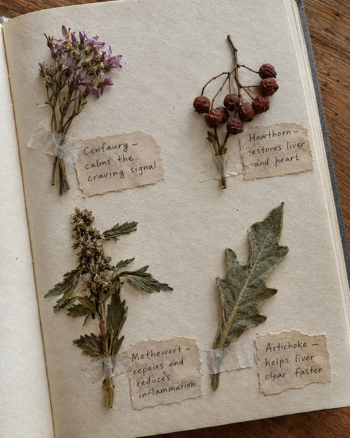 Journal page showing the four herbs and what each one does