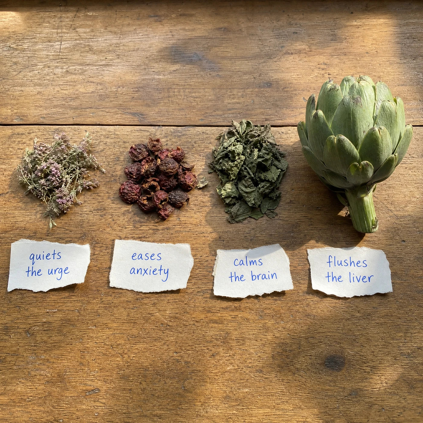 Four real plant ingredients laid out with handwritten tags naming each one's job