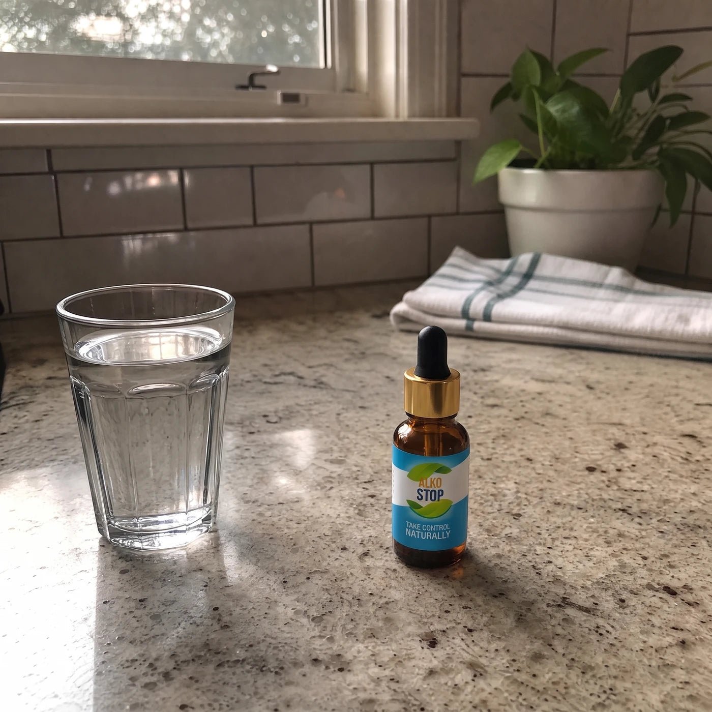 An AlkoStop dropper bottle on the kitchen counter next to a glass of water